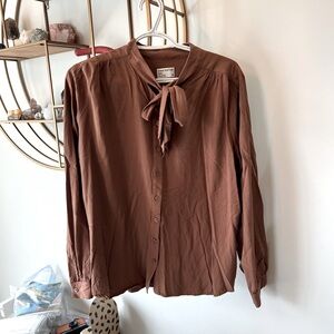 Brown Button-Up Blouse with Bow Frank and Oak